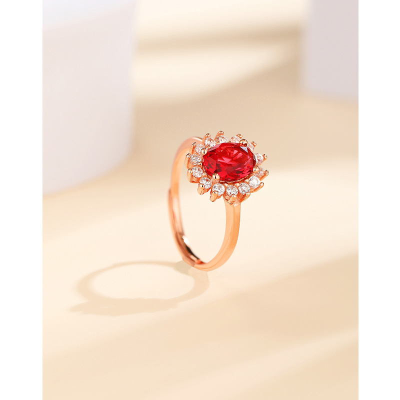 S925 pulsera de plata estilo coreano de moda simple elegante con incrustaciones de circón rojo corindón anillo femenino abierto nicho anillo