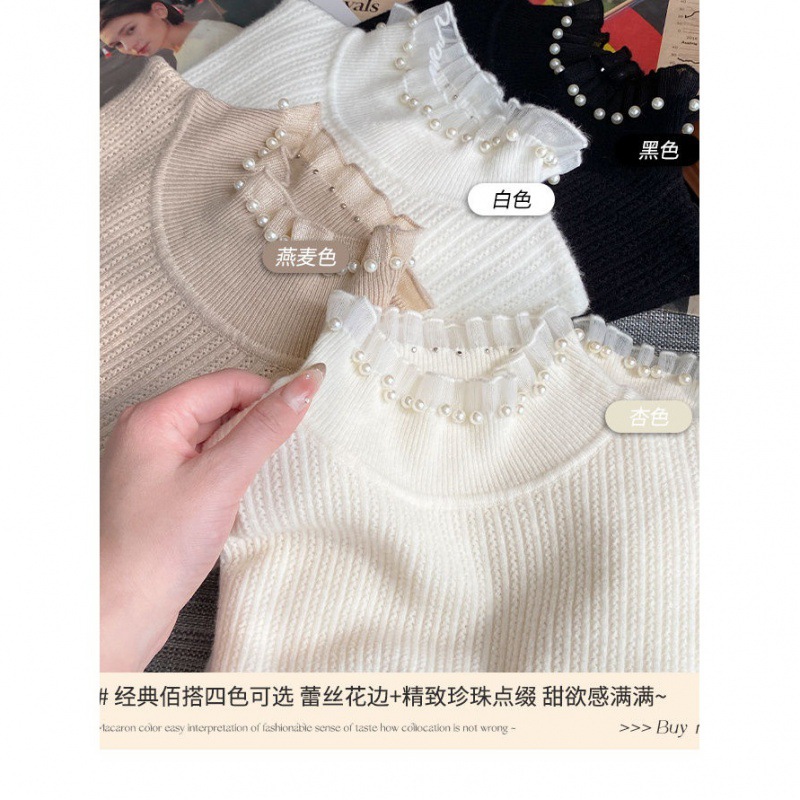Women's Chanel-style base layer top, 2025 new autumn and winter high-neck lace sweater, pearl knitwear, long-sleeved top