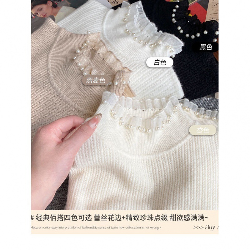 Tweed Style Bottoming Shirt for Women with 2025 New Autumn and Winter Turtleneck Lace Knitwear Pearl Knitwear Long-Sleeved Top