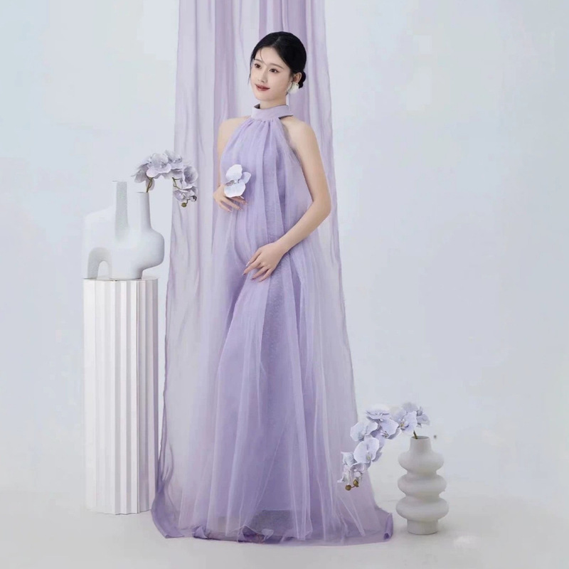 Purple halter neck maternity photo dress, flowy mesh long dress for pregnant mothers, studio photography maternity clothing Purple halter neck maternity photo dress, flowy mesh long dress for pregnant mothers, studio photography maternity clothing