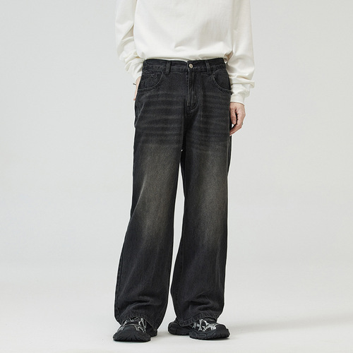 JIAMU Three-Color New Baggy Straight Leg Loose Wide Leg Washed Elastic Jeans for Men and Women