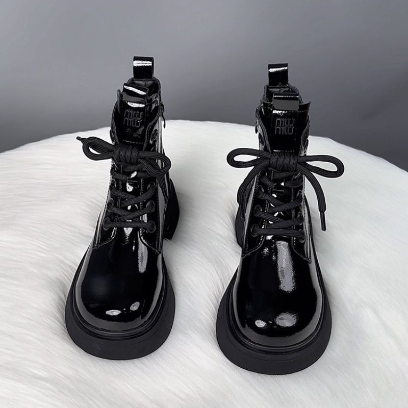 Glossy Leather Martin Boots for Women 2025 Thick-Soled Autumn and Winter New Autumn Fleece-Lined Warm Short Boots Fashionable British Hot Style for Adults