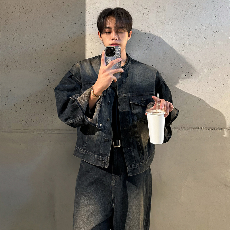 Myq Handsome Retro Stand-Up Collar Denim Jacket Men's Spring & Fall Loose Wide-Leg Jeans Korean Fashion Suit