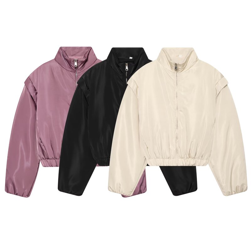 Pb&Za Cross-Border New Women's Clothing Simple Casual Stand-Up Collar Long-Sleeved Shoulder-Length Cotton Short Jacket 2004562