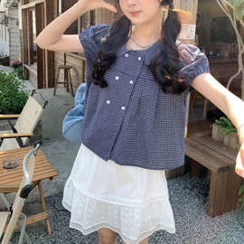 法式复古格纹双排扣娃娃衫女泡泡袖宽松衬衫韩系少女可爱上衣