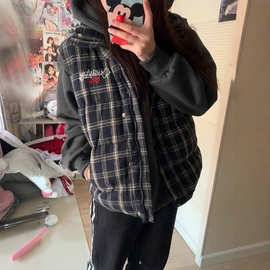 美式格纹马甲棉服男款秋冬新款保暖复古外套坎肩立领宽松叠穿马甲