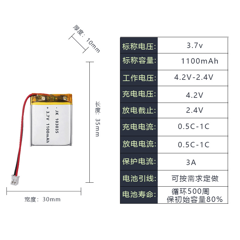 103035/1100mAh 플러스 보호 보드 콘센트
