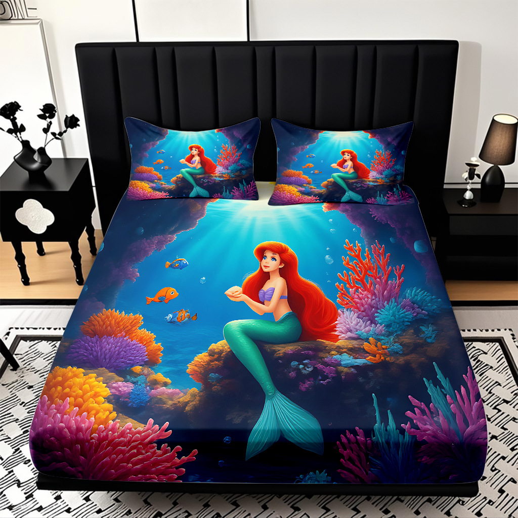 JIT modo Temu 3D impresión de caricatura sirena cama textil casera camisa ropa de cama tres piezas set transfronterizo mayorista