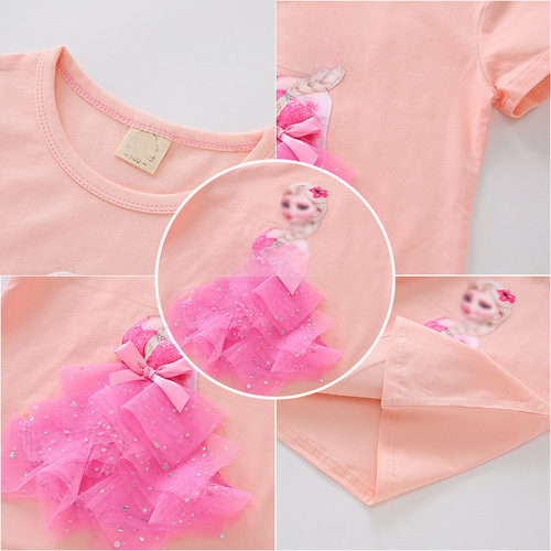 Children's summer t-shirt for export, pink cotton crew neck top for girls, solid color, moisture-wicking and breathable, trendy Korean style, basic layer shirt.