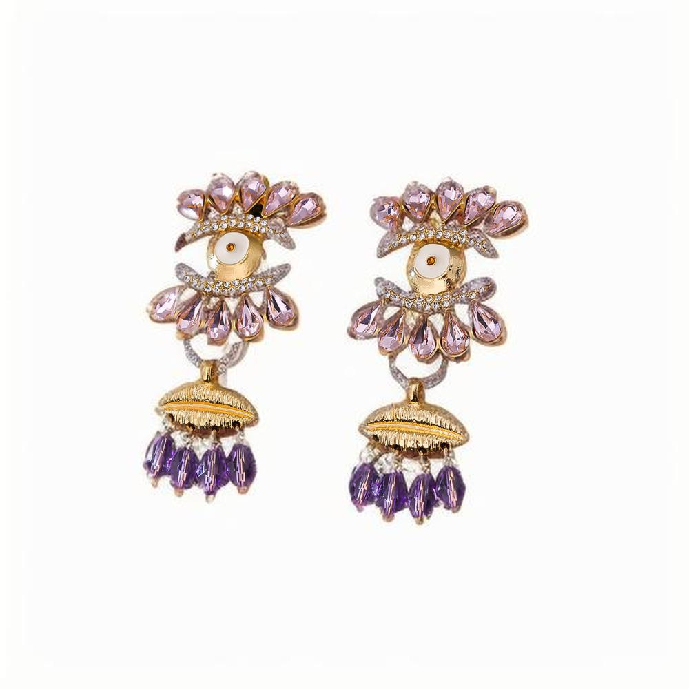 Vintage Devil Eye Clip Earrings With Diamond Water Drop Tassels_voghion.com