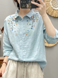 Pure Cotton Double-Layer Cotton Gauze Short-Sleeved Shirt for Women 2025 Summer New Top Embroidered Pure Cotton Soft Quarter-Sleeved Shirt