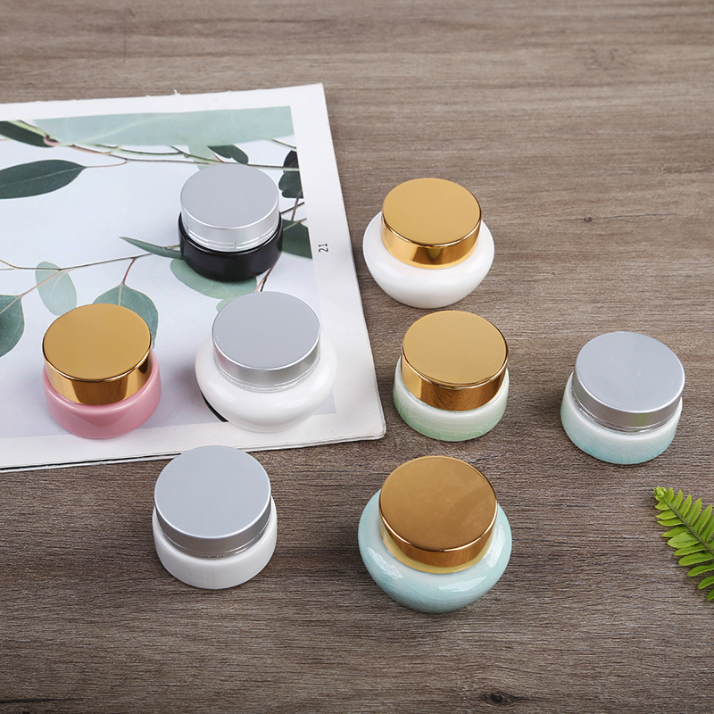 Ceramic jar with metal lid, small porcelain jar, national style frost cream jar, face cream and foundation box, celadon jar, cosmetic and skincare bottle