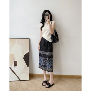 Original Real Shot New Chinese Zen Button Knitted Top Phoenix Yu Fei Diocui Printed Miyake Pleated Skirt