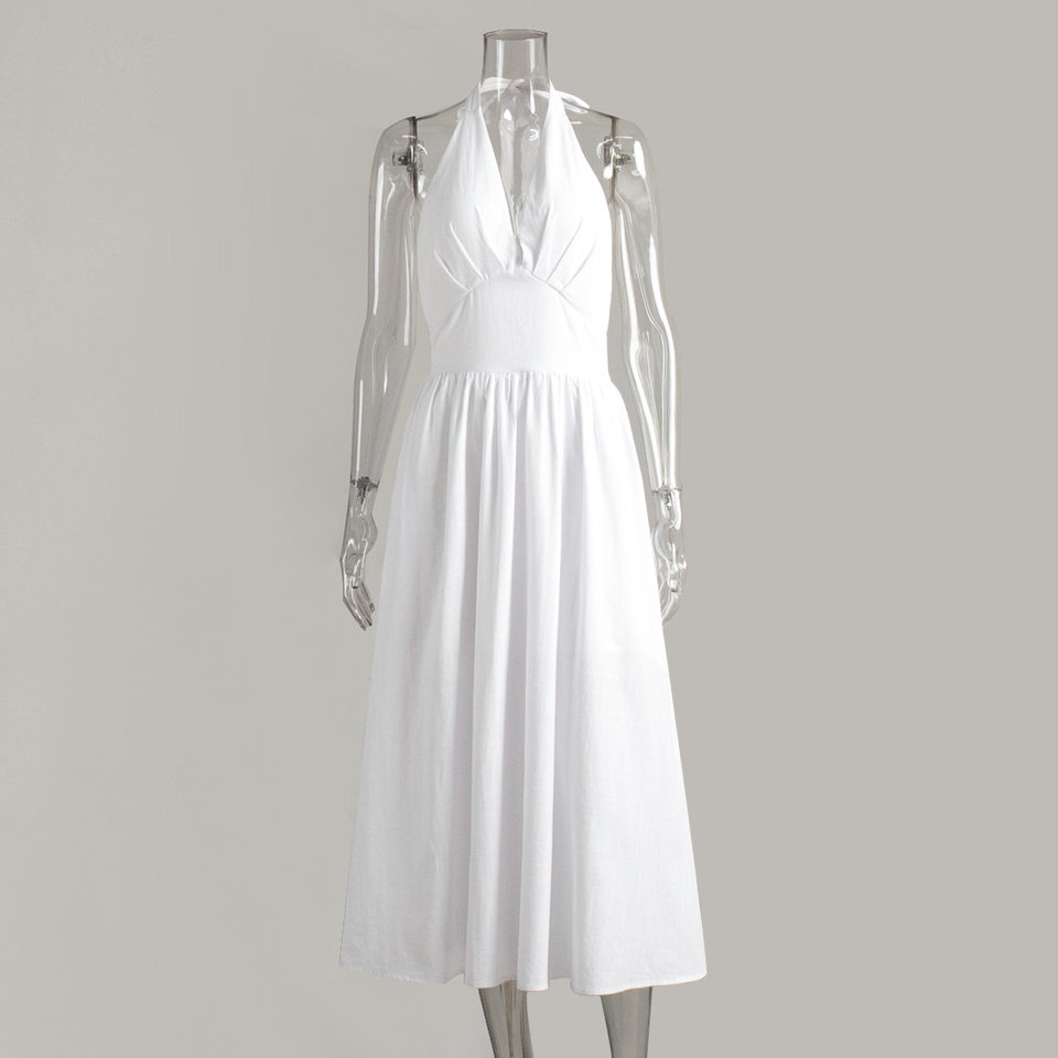 Đầm liền dáng dài 100% cotton cổ chữ V thắt eo buộc dây vạt xòe rộng — Màu mơ, Màu trắng, Màu xanh da trời, Màu xanh lá chi tiết 11