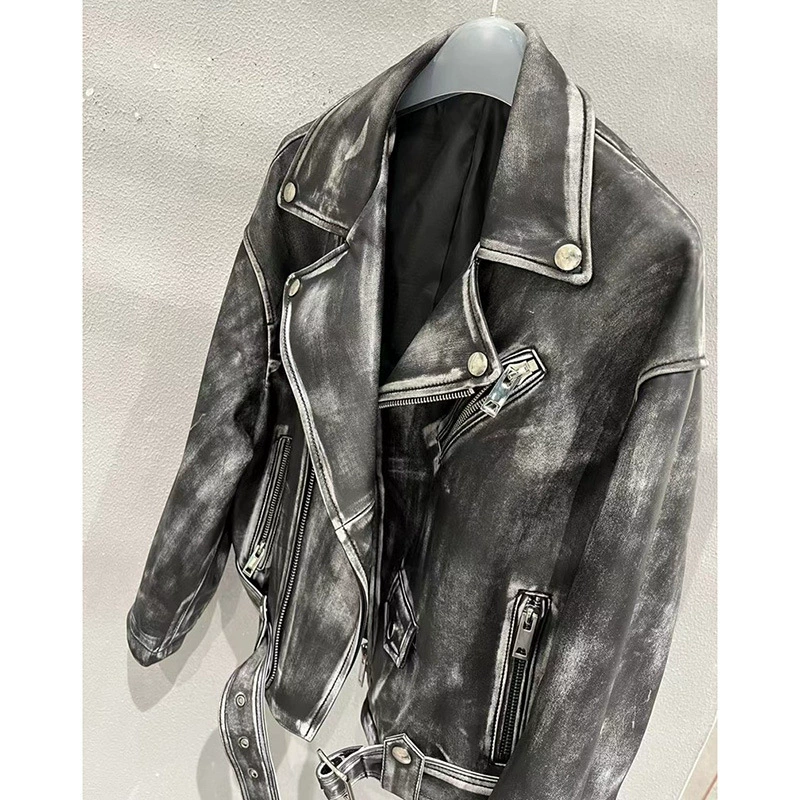 Осень-зима 2023 новая женская ретро старая handmade царапающая стиль стиль версия иностранной овечьей кожи кожаная куртка