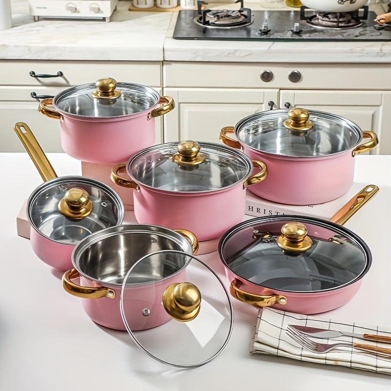 12 piezas de acero inoxidable paneles de comercio exterior transfronterizo colorido antiadherente mango de oro exportación cocina set pot