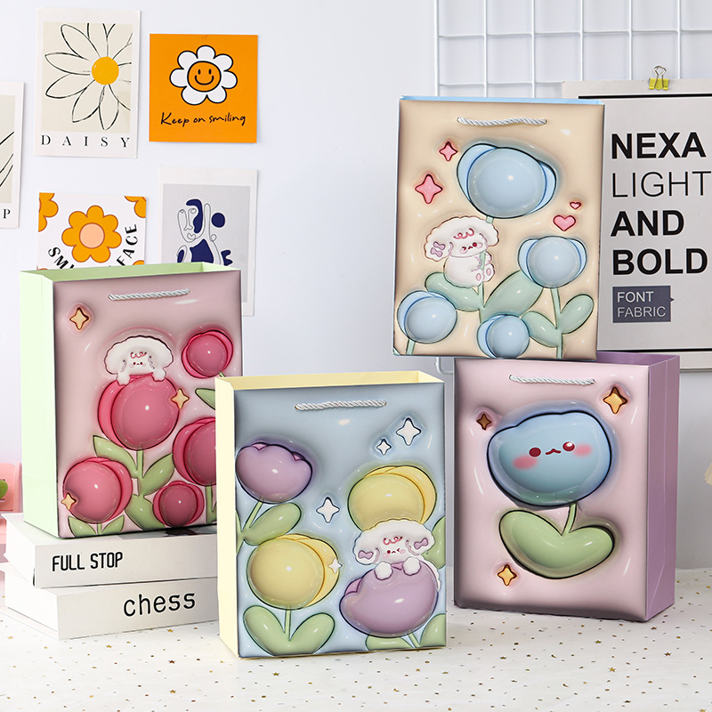 Cartoon flower animal gift bag large capacity portable paper bag ins high-looking thick white card gift bag