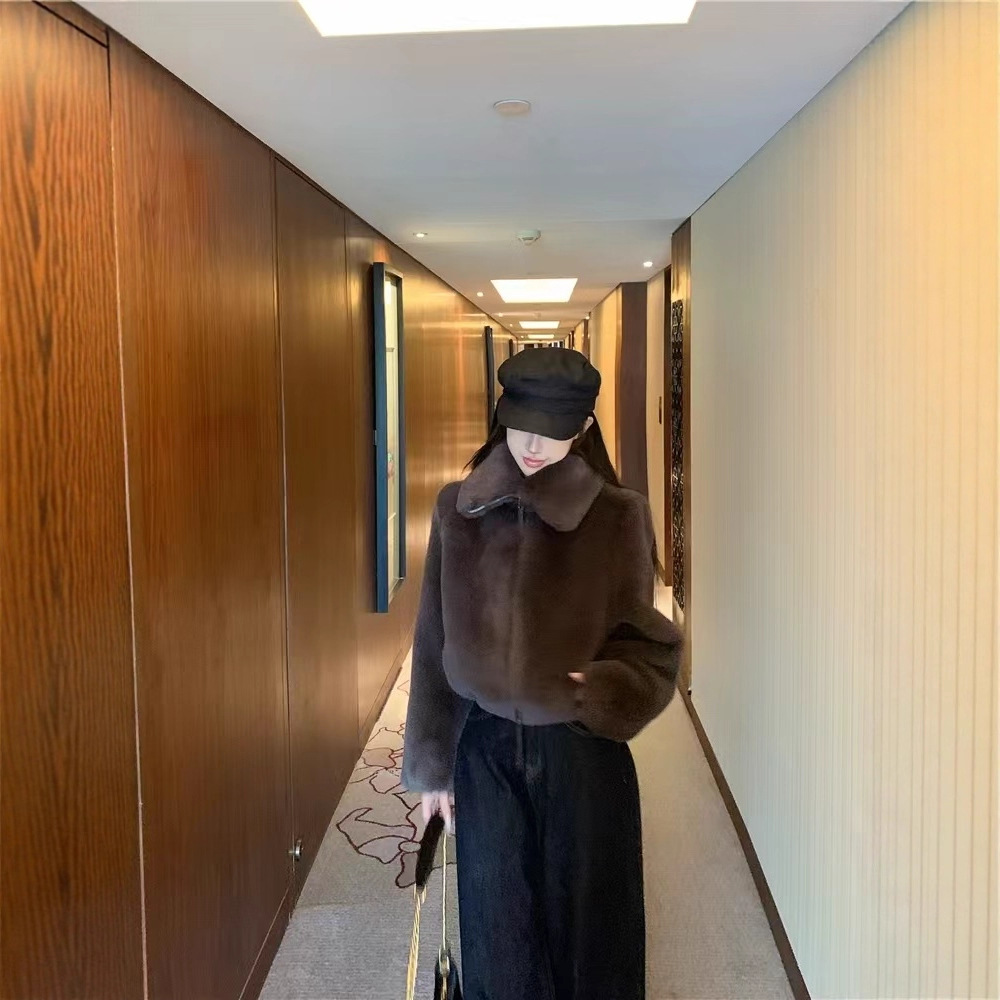 包邮欧美女装新款复古人造皮草效果翻领宽松百搭休闲夹克大衣外套