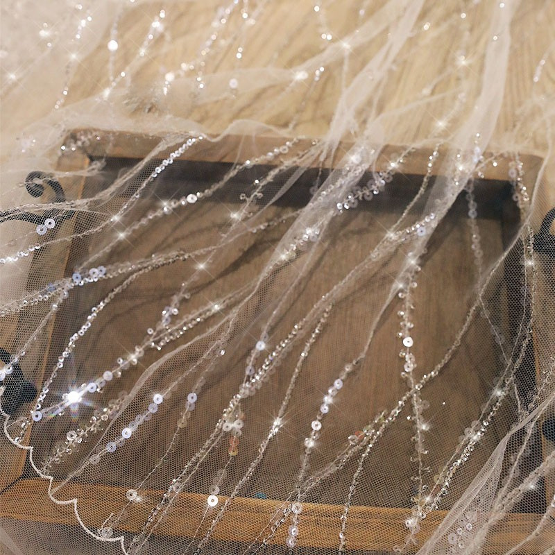 YZ縦紋柔らかいスパンコールレースm115象牙白ウェディングドレス生地服装装飾DIY材料補助材料