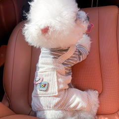 在庫あり！人気のペット用子犬服、工場直販！春秋用グレーストライプポケット付き四足つなぎパンツ