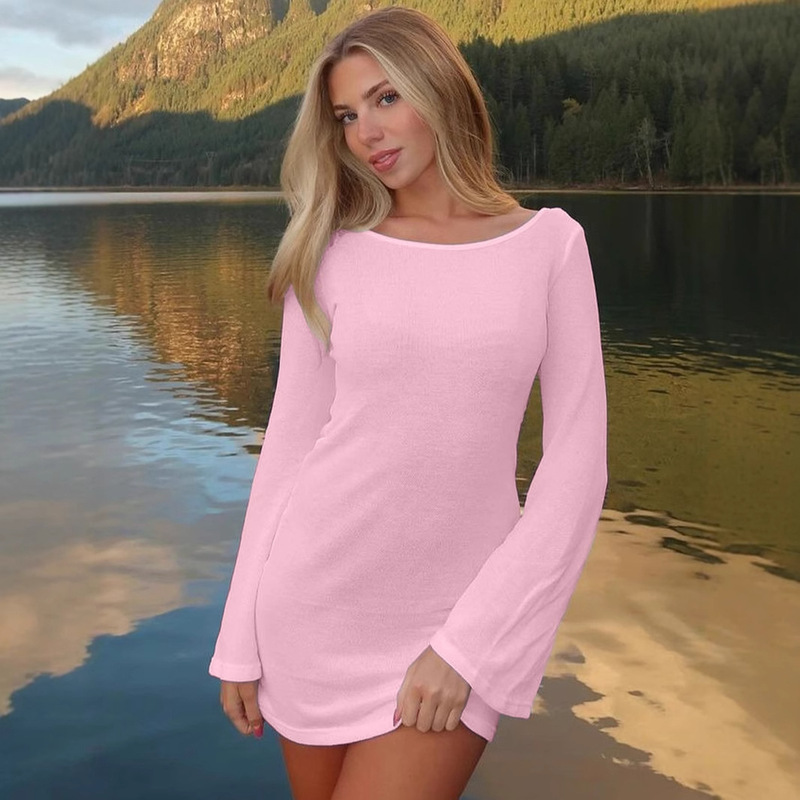 2025 Summer New Casual and Comfortable Lace-Up Back Hollow Design Skin-Friendly Slightly See-Through Dress with Flared Sleeves
