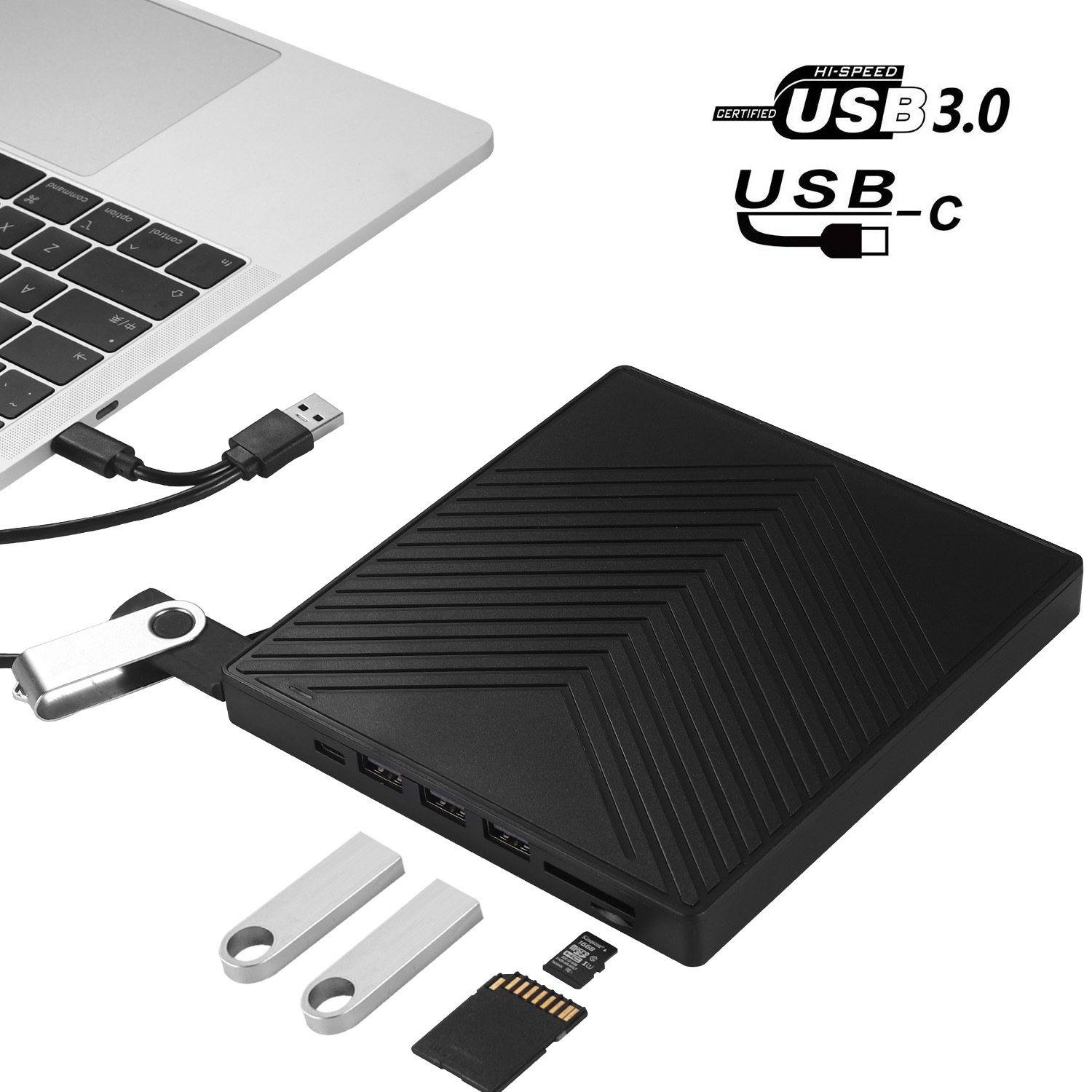 外置DVD刻录机带USB接口USB3.0+TYPE-C双头数据线 光驱超薄六合一