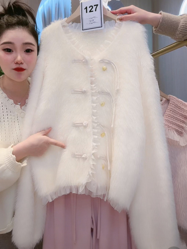 2024秋冬时尚盘扣仿水貂绒针织开衫女软糯设计感甜美毛衣外套花边|undefined