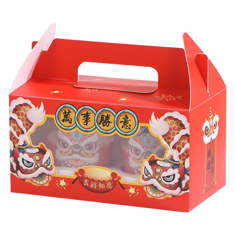 Año Nuevo León rojo danza papel taza pastel caja de embalaje ventana portátil transparente taza caja de la torta caja del Panecillo Tigre año