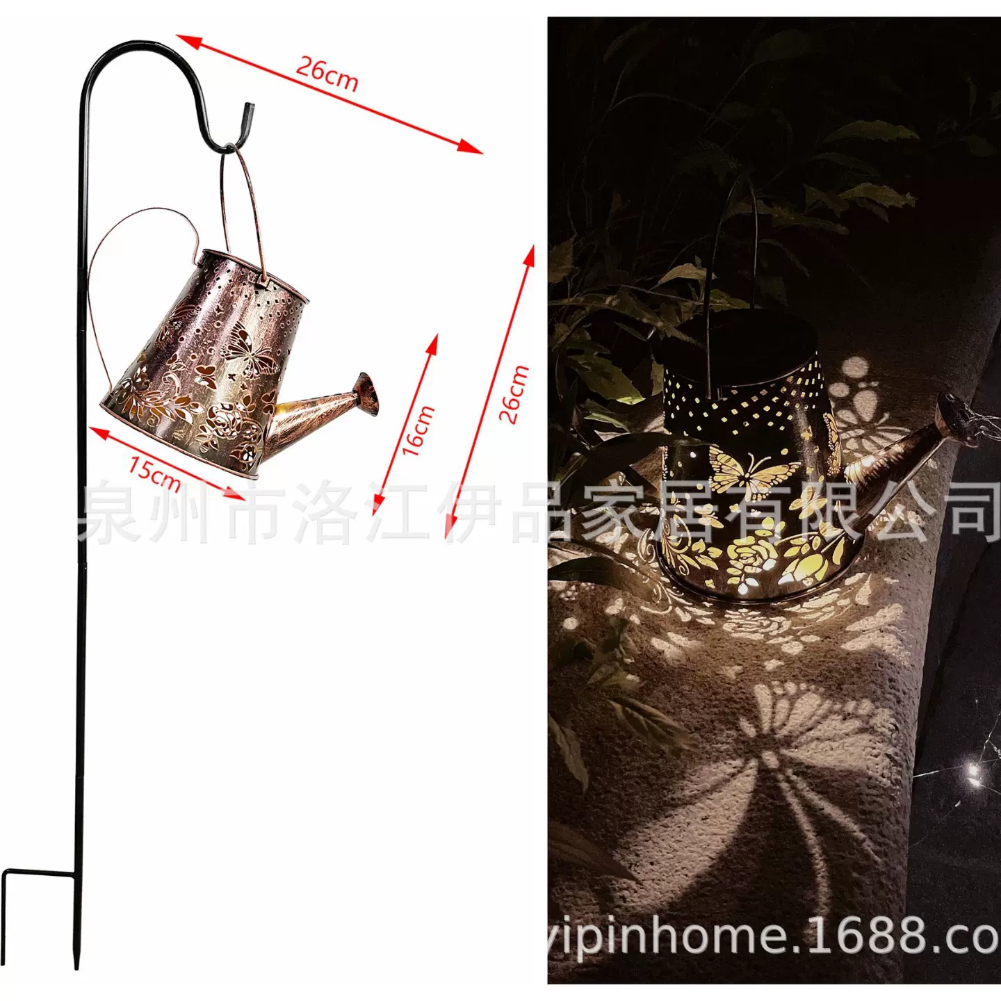 铁艺大号蝴蝶太阳能水壶现货流水灯天使牧羊勾灯笼solar lantern