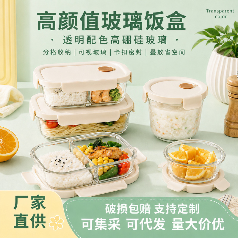 Jingshuo High Borosilicate Glass Lunch Box for Office Workers, Compartmentalized Glass Lunch Box, Microwave Heating Preservation Box, Dropshipping Jingshuo High Borosilicate Glass Lunch Box for Office Workers, Compartmentalized Glass Lunch Box, Microwave Heating Preservation Box, Dropshipping