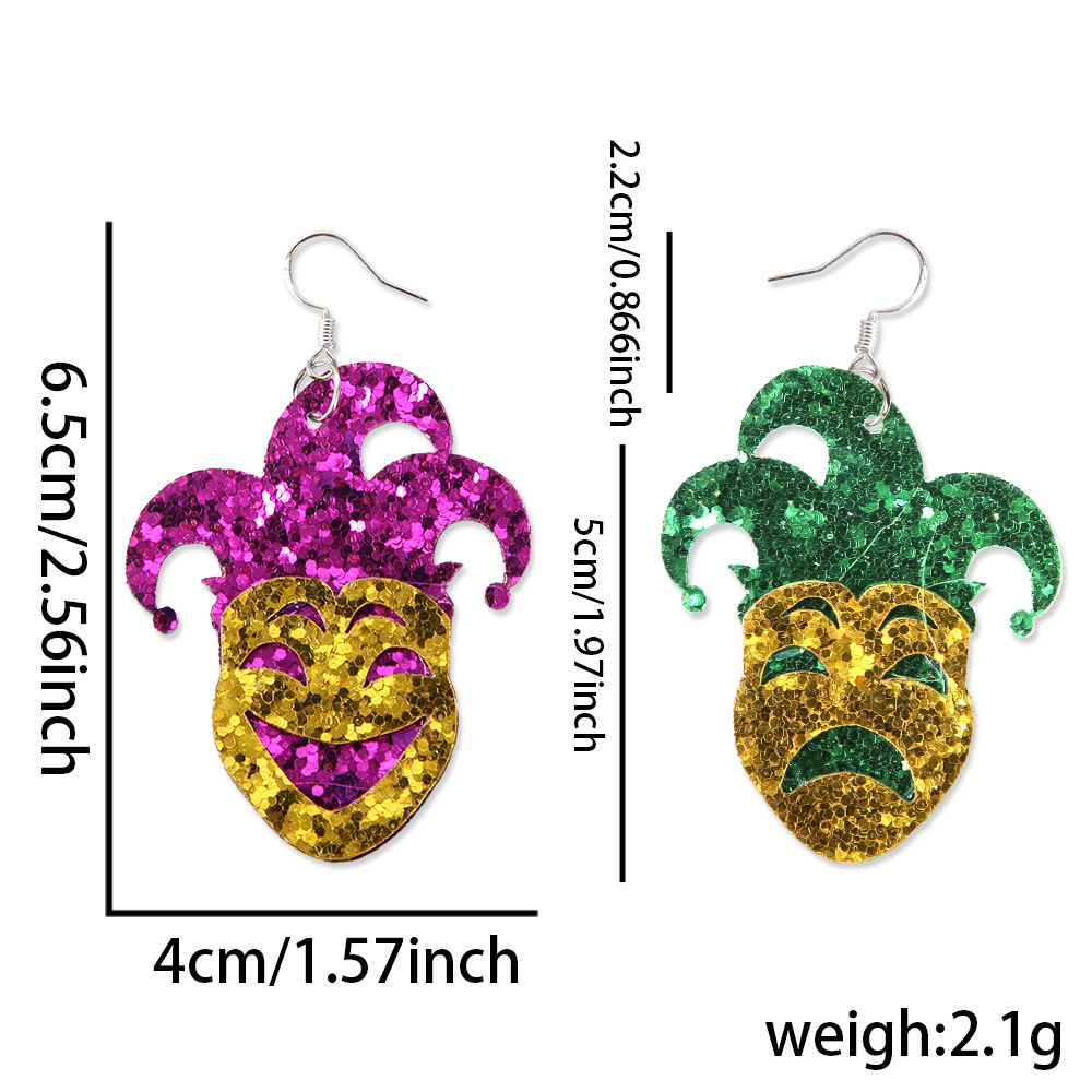 Carnaval de doble cara pendientes de sequillas máscara de oro roxo verde iris adornos de orejas pendientes de letras de Mardi Gras joyas