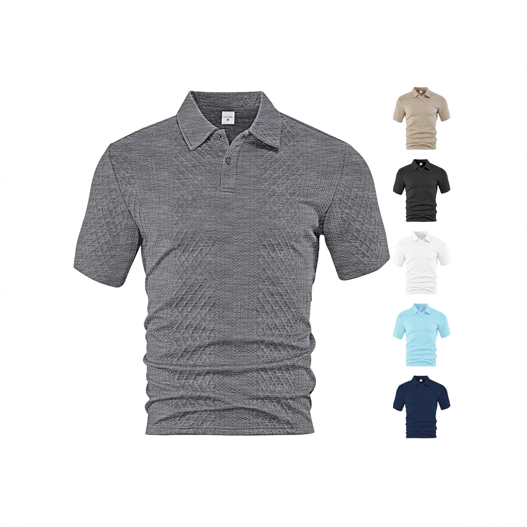 Ropa de hombre transfronteriza europea y americana estilo fino de verano suelto transpirable casual color sólido jacquard solapa camisa polo de hombre de manga corta