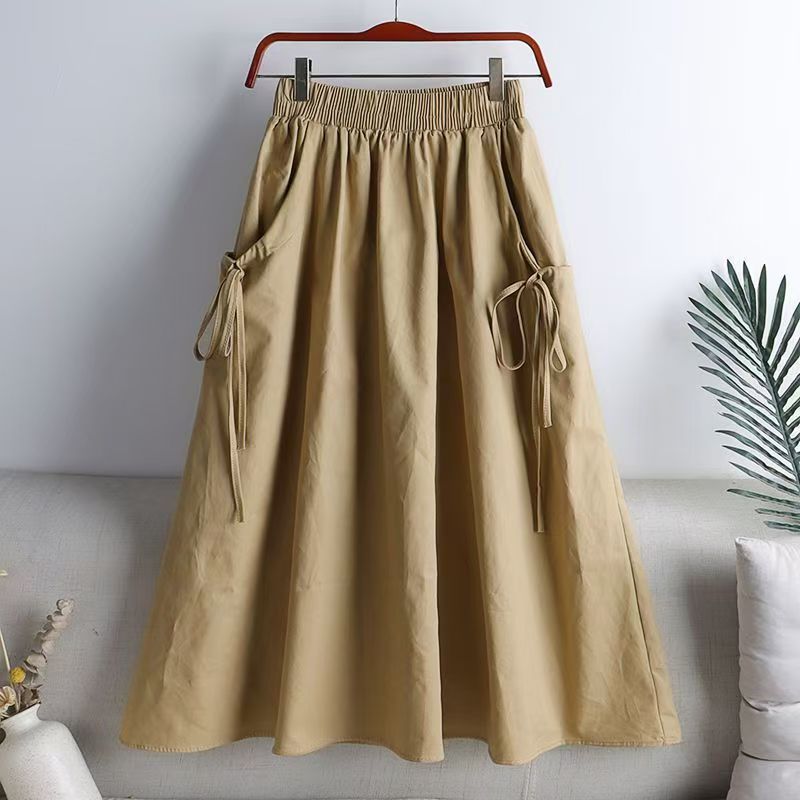 Summer New Versatile Solid Color Drawstring Pocket Elastic Mid-Length Workwear Skirt