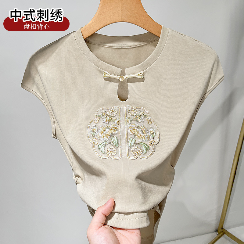 Chaleco bordado chino para mujeres 2024 nueva ropa de mujer retro agujero estilo nacional hebilla de cintura sin mangas