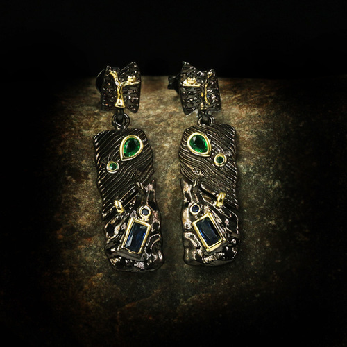 Ebay Hot Selling Black Gold Three-Piece Engraved Ring Black Color Stone Ethnic Retro Style Necklace Earrings DIY Accessory