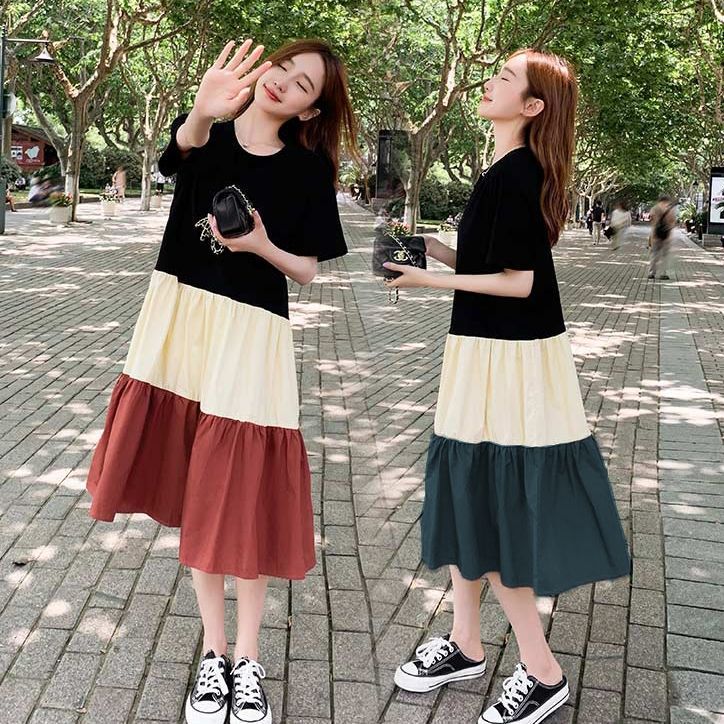 Maternity Summer Outfit Internet Celebrity Set, Summer Color-Block Short-Sleeve Dress, Over-The-Knee Long Dress for Pregnant Mothers, Summer Maternity Dress