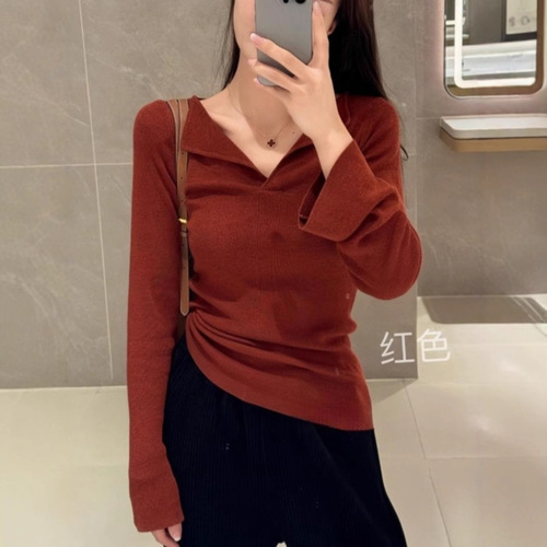 Red Knit Top for Women - Autumn/Winter High-End Slim Fit Bodycon Long Sleeve Turtleneck Blouse