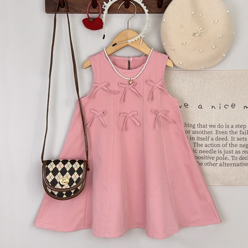 Cross-border New Pink Girls dress Korean Fashion New Solid Color Children's Wear Sleeveless Princess Dress with Bow Decoration