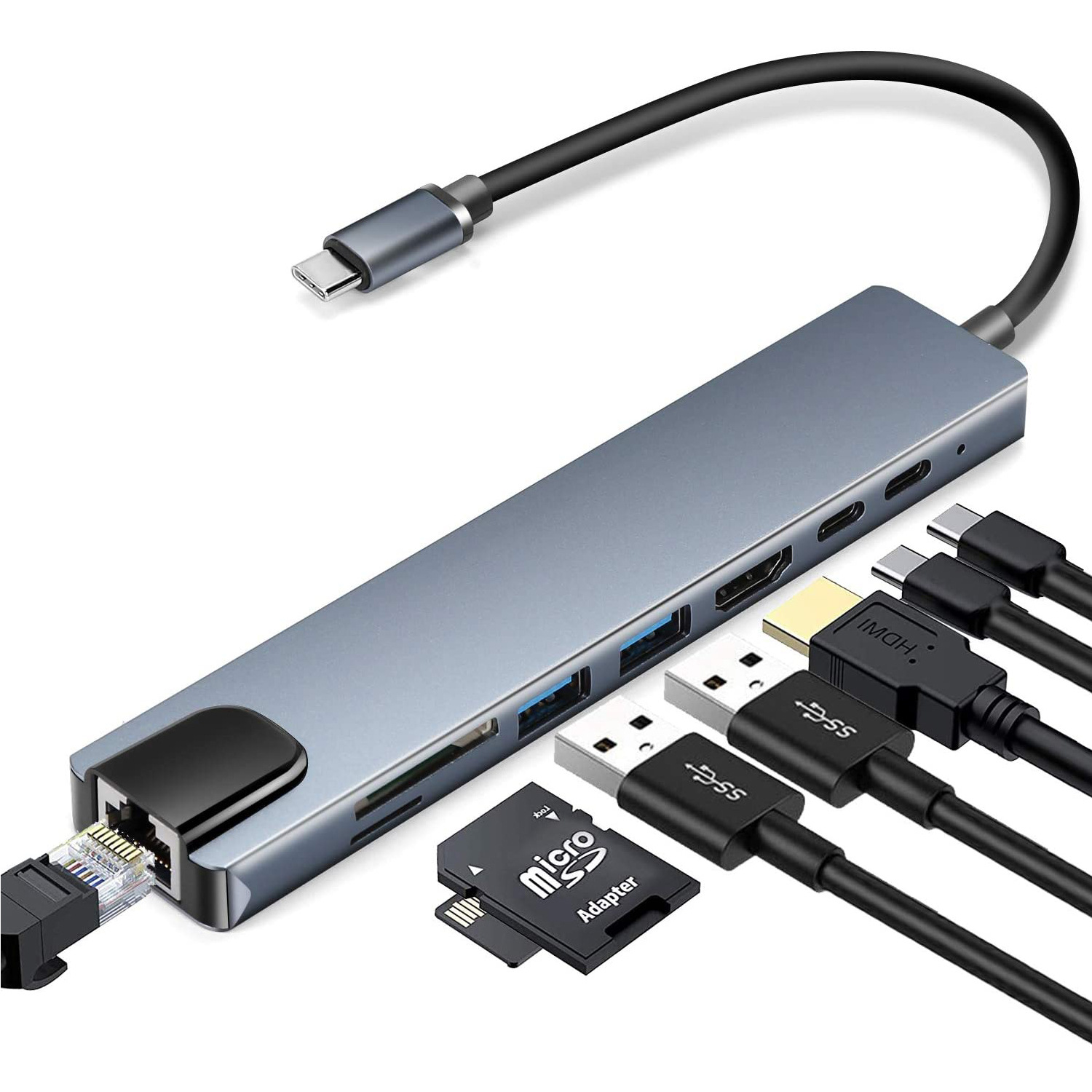Base de Expansión Type-C 8 en 1 (HDMI, RJ45, PD, USB 3.0)