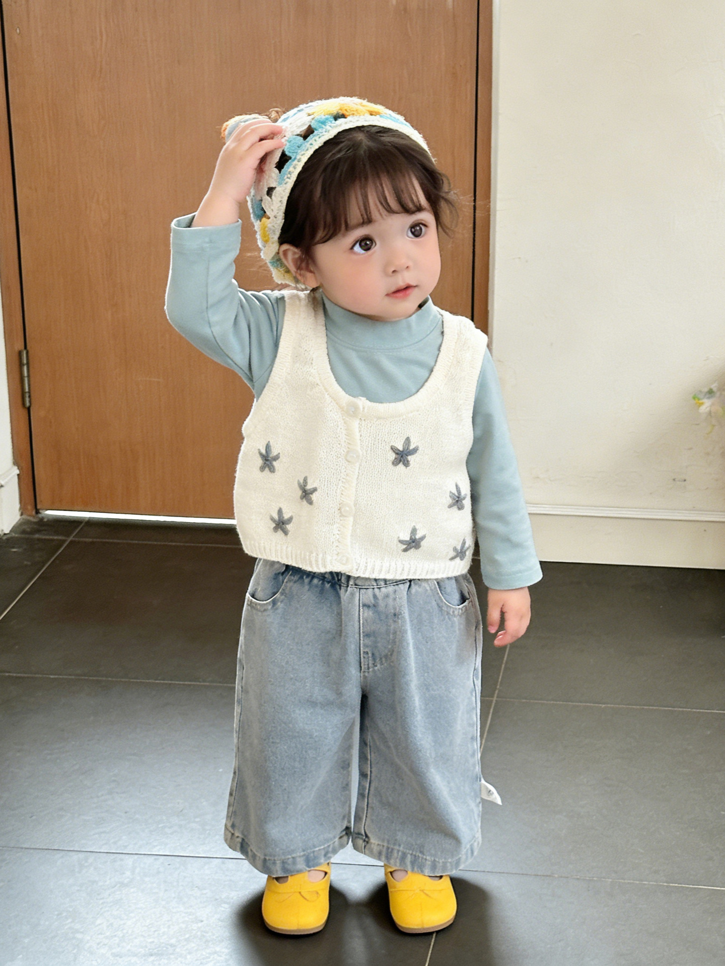 Ropa de primavera de niñas coreana dulce chaleco de punto de flor nueva ropa de bebé plegable con chaleco de vestir exterior