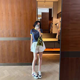 美式伦敦限定撞色梵文十字架印花拼接短袖T恤女夏季新款上衣