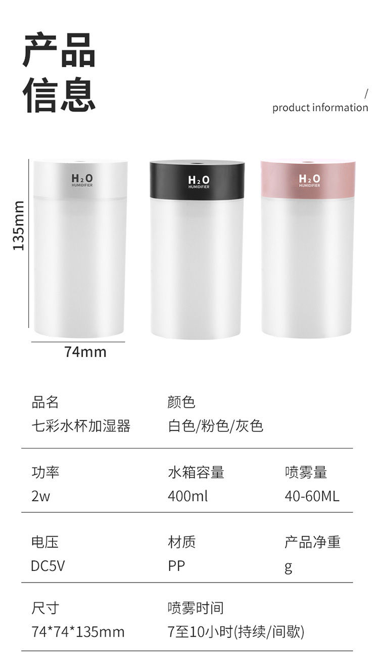 跨境加湿器USB七彩氛围灯小型迷你车载家用喷雾器卧室桌面加湿器详情20