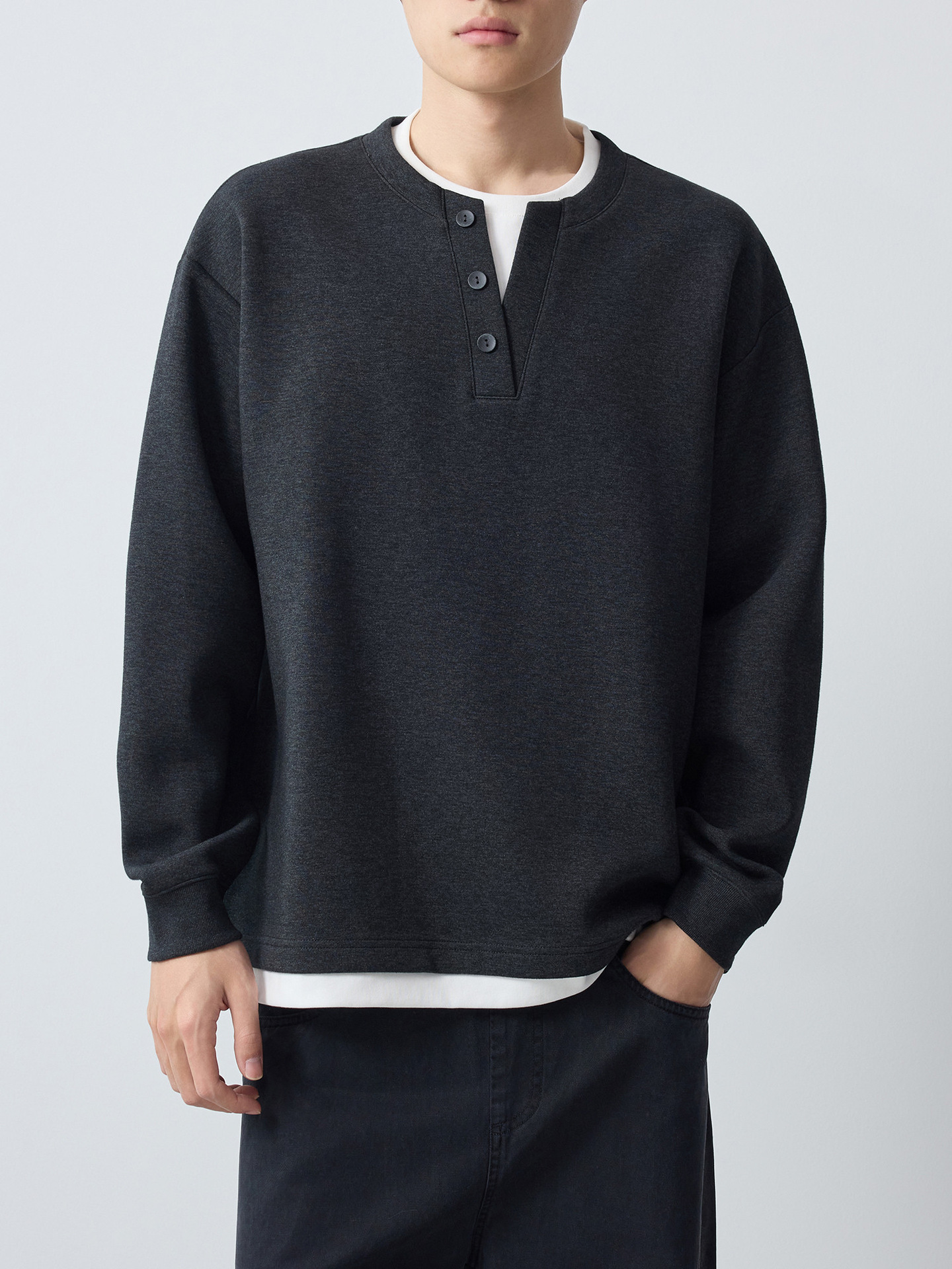 Áo hoodie nam nỉ hai lớp giả phối cổ tròn tay dài — Xám hoa sâu