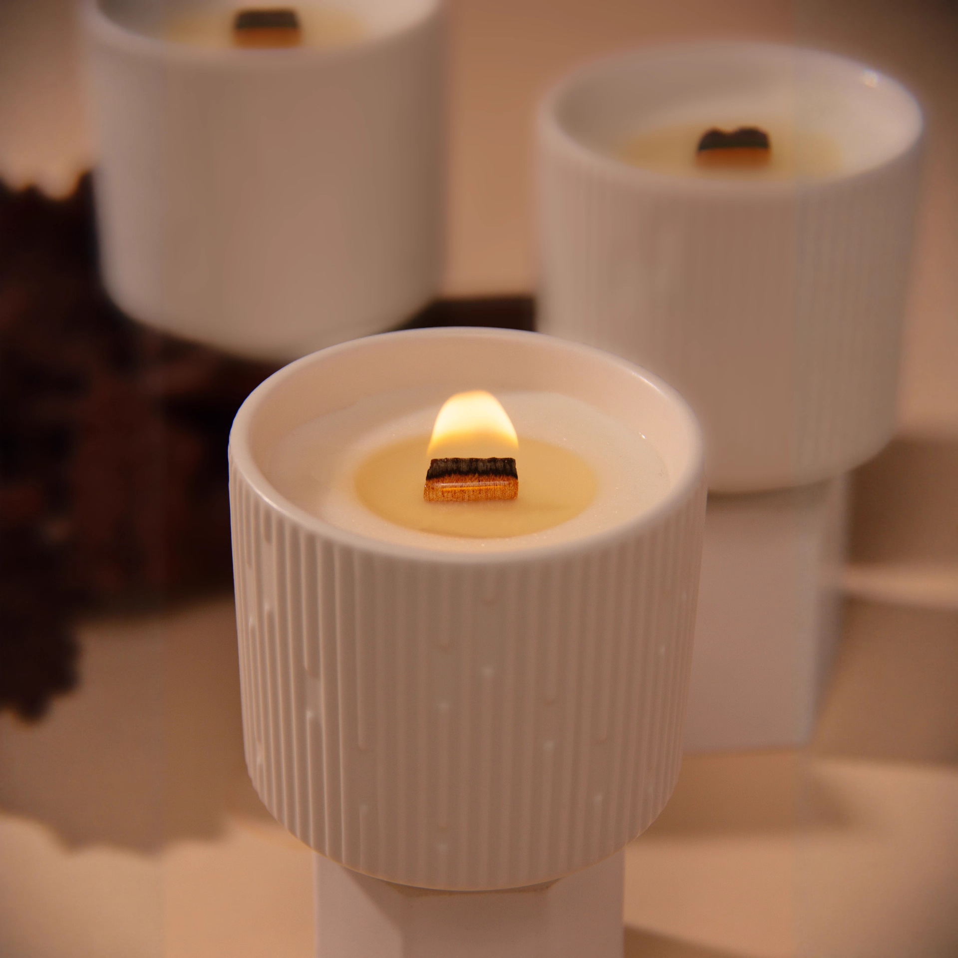Vela de aromaterapia con taza de cerámica blanca mate con diseño de estrella, mecha de madera, aceite esencial, fragancia de nicho, regalo navideño, cera de soja_voghion.com