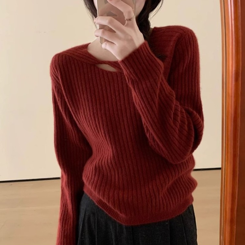 2025 nuevo diseño de torsión de hombro suéter de overhead mujeres otoño invierno vestido en el interior con camiseta de punto de manga larga image 12
