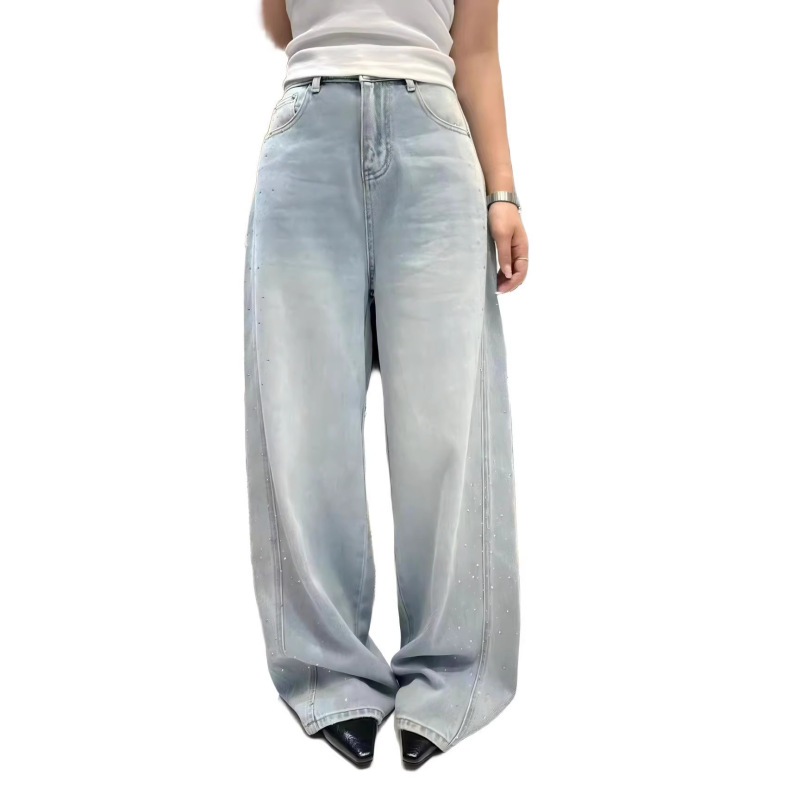 Vansiyu Wide-Leg Jeans for Women, Spring Season, Straight-Leg, High-Waisted, Light-Colored, Star-Patterned, Full Rhinestone, Rhinestone-Embellished, Floor-Length Pants