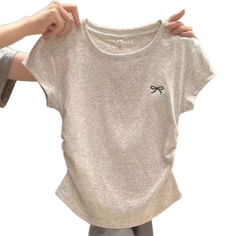 アメリカンプリーツ半袖Tシャツレディース夏新デザインニッチ右肩ウエストスリムショートインナートップ|undefined