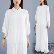 禅修打坐服太极拳练功服八段锦女秋季复古棉麻禅意茶服瑜伽服套装