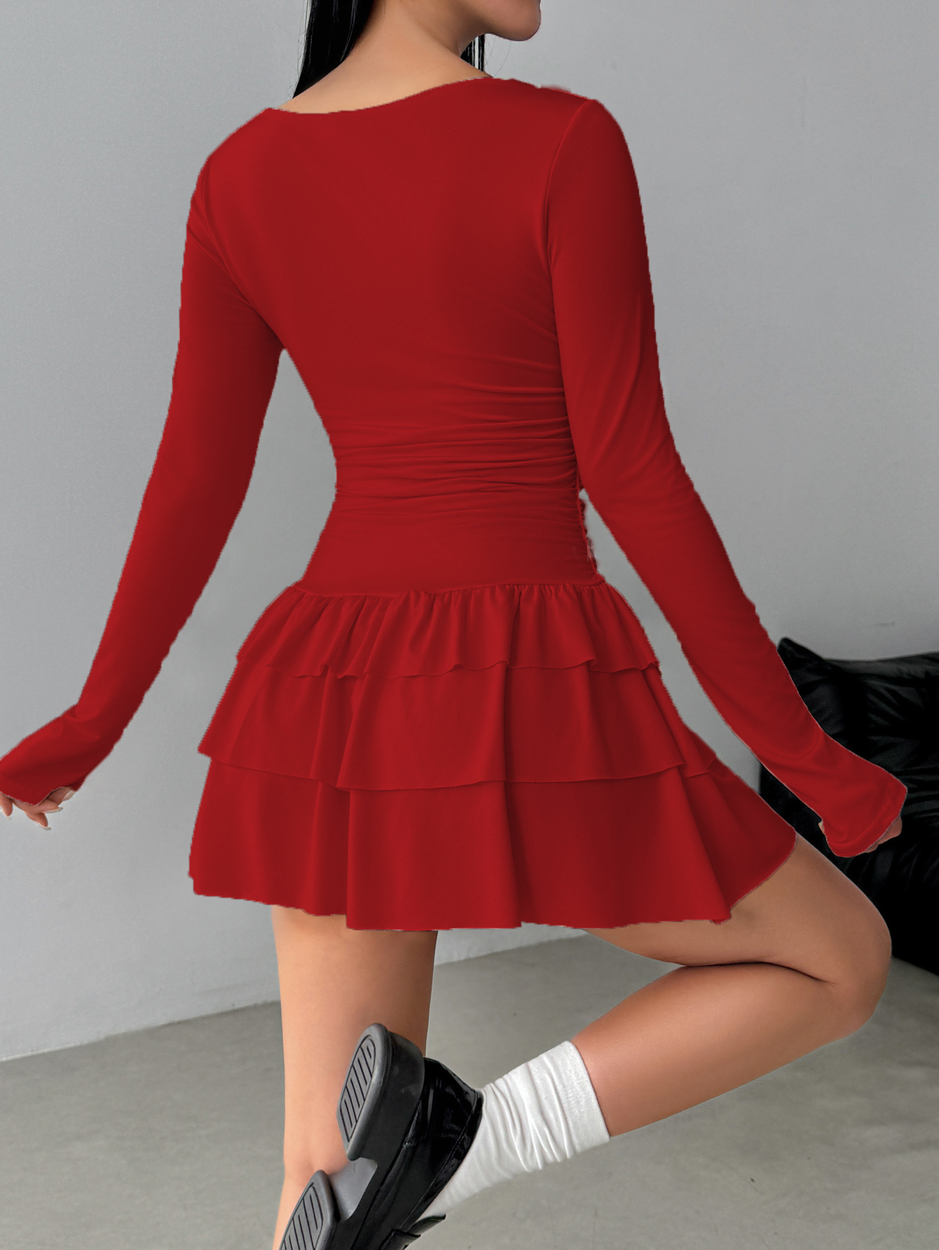 Women's Solid Color Slim Fit Ruffled Panel Long Sleeve Bodycon Mini Dress – Elegant Casual Gown_ecoleips.com