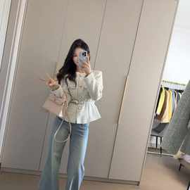 2025秋冬时尚跨境欧美腰带外套气质女装休闲纹理西装优雅显瘦百搭